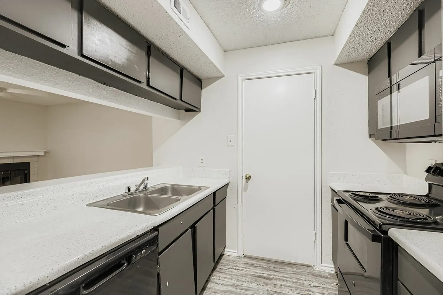 Kitchen, dark cabinetry, white quartz countertops, stainless steel appliances, wood-style plank flooring
