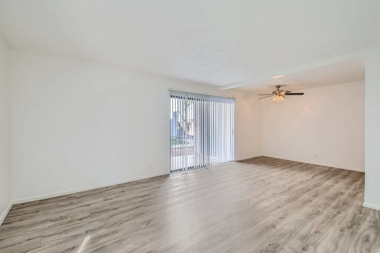 Living room, wood-style plank flooring, ceiling fan, glass sliding door with blinds