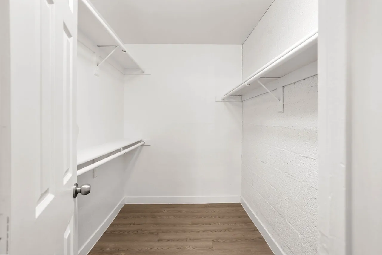 Walk-in closet, white walls, wood-style plank flooring, metal hanging rods, recessed lighting