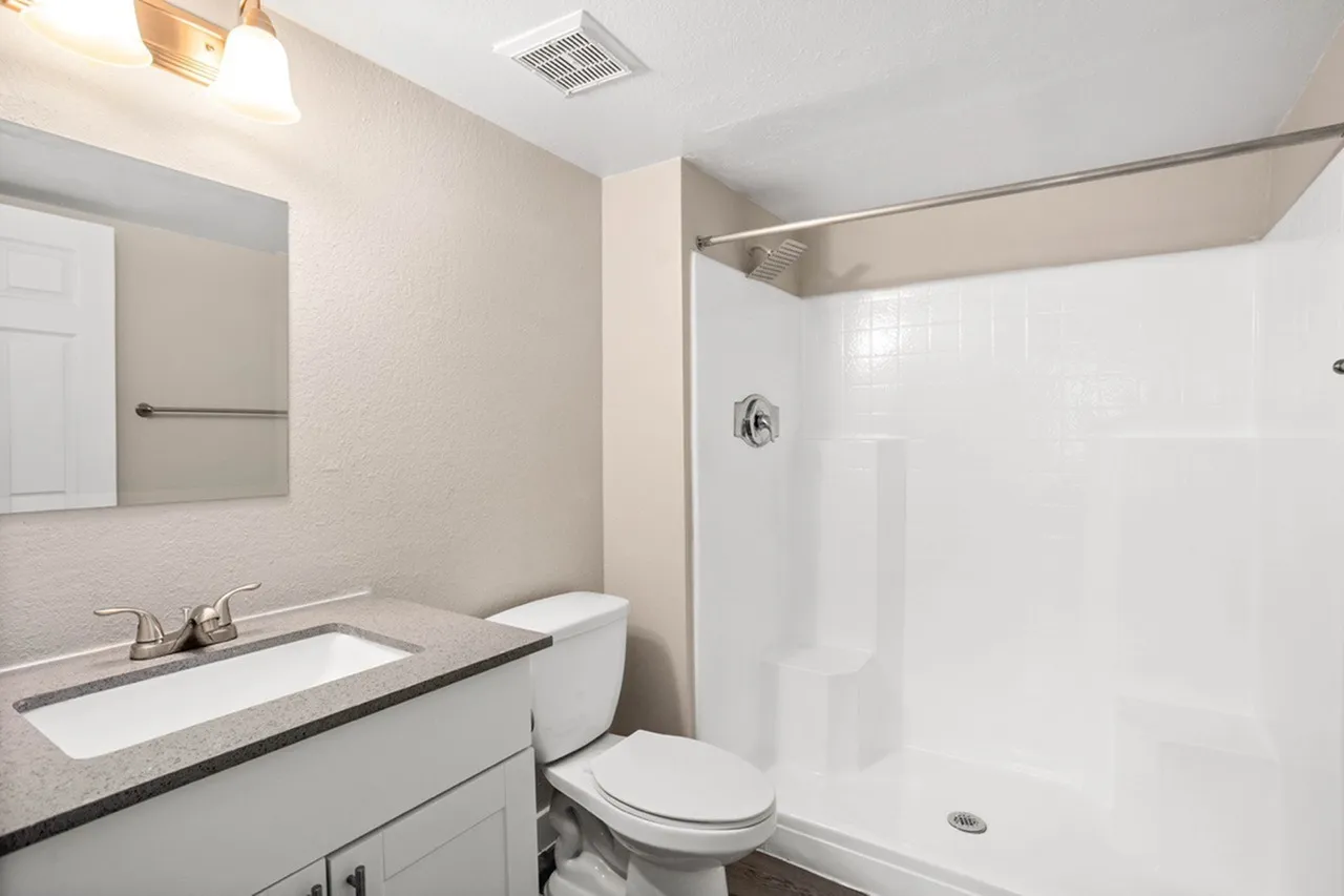 Primary bathroom, vanity with countertop and faucet, white toilet, tile shower enclosure