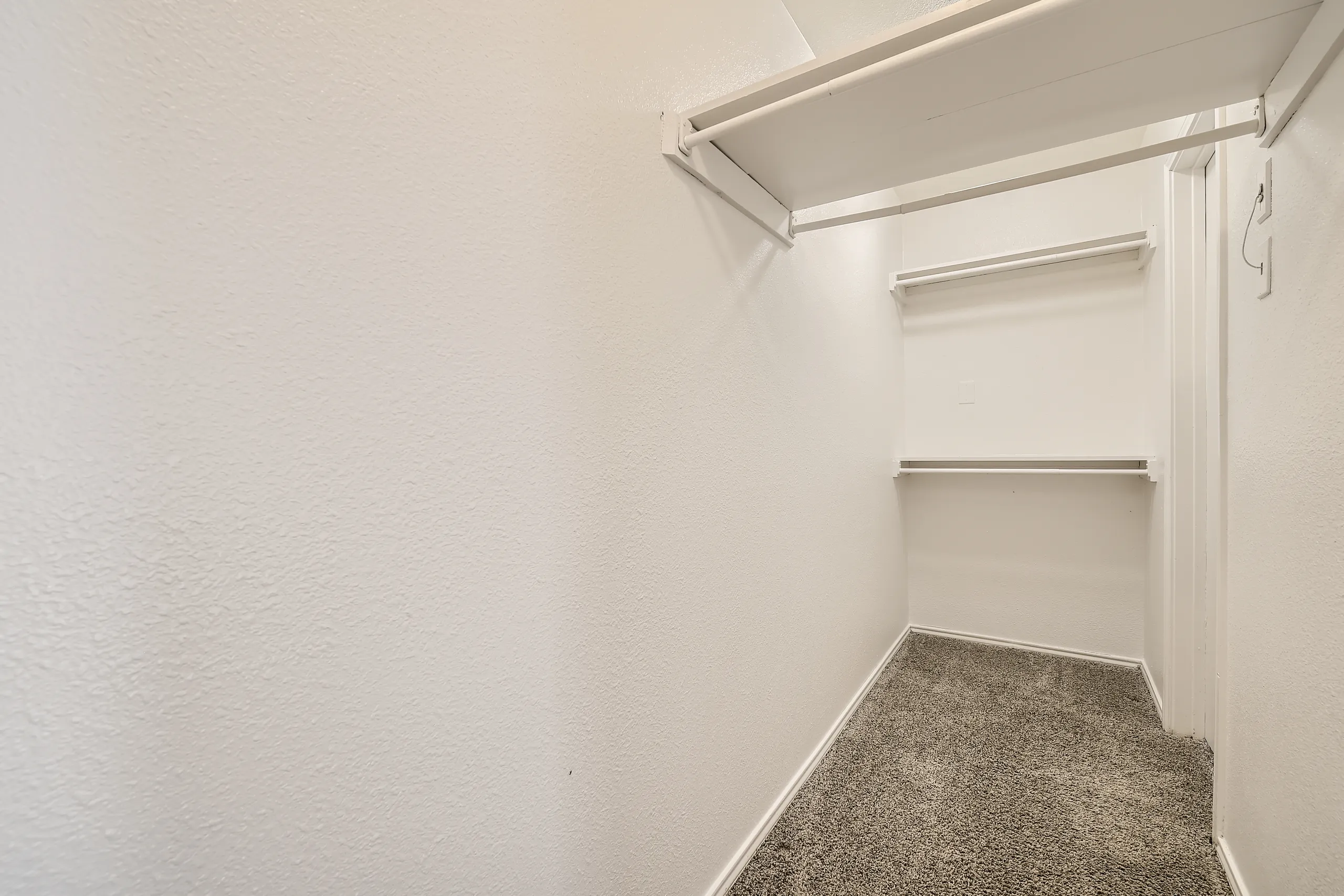 Walk-in closet with built-in shelving and hanging rod storage