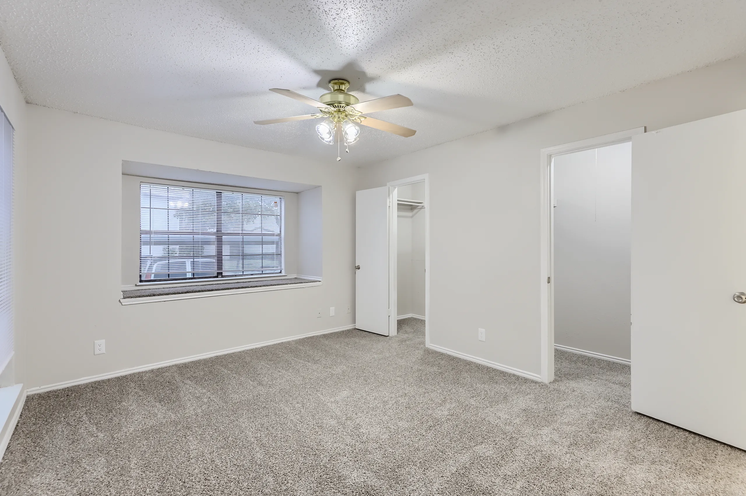 Carpeted primary bedroom with walk-in closet