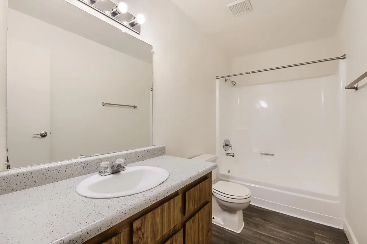Bathroom, speckled quartz countertops, round white sink, wood vanity cabinetry, mirror