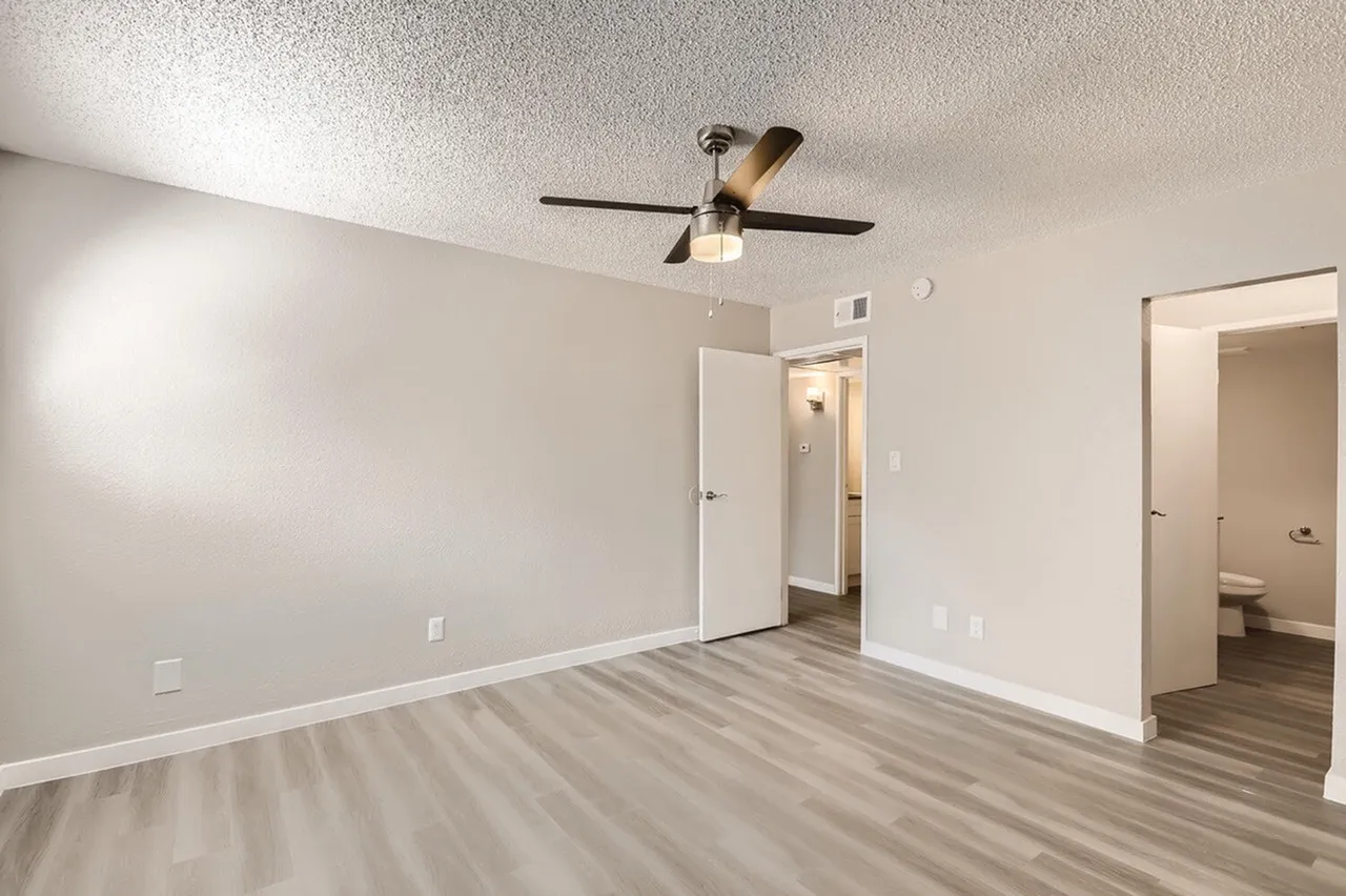 Primary bedroom, wood-style plank flooring, ceiling fan with light, double closets