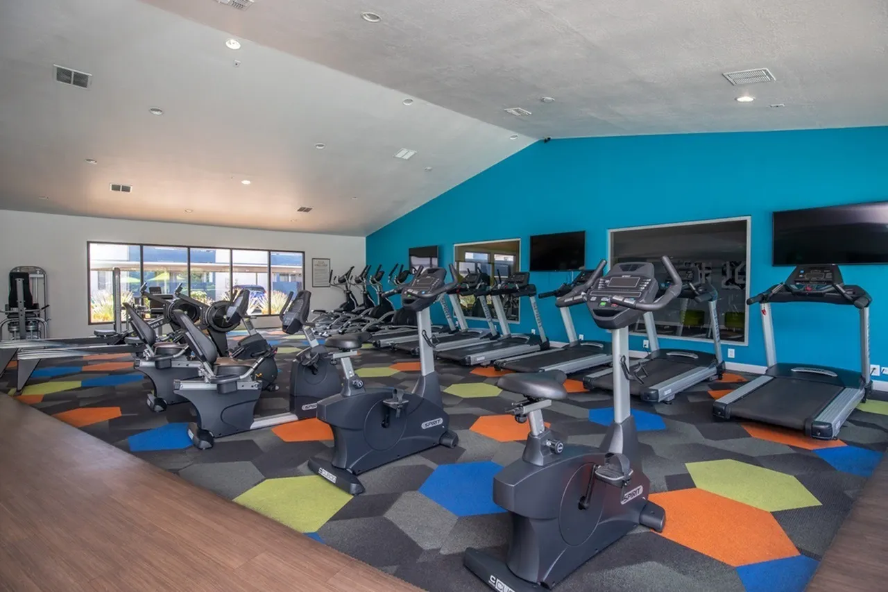 Fitness center, stationary bikes and treadmills, turquoise accent wall, wood-style plank flooring, colorful floor tiles