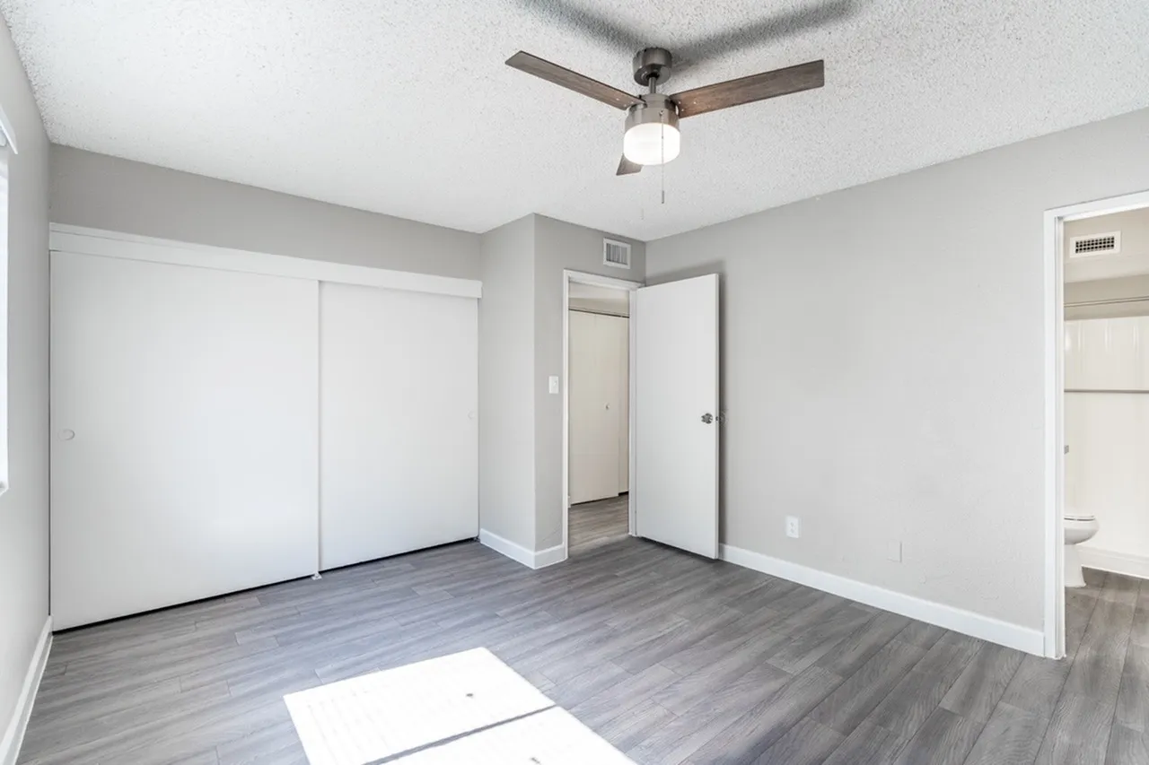 Primary bedroom, wood-style plank flooring, ceiling fan, closet doors, ensuite bathroom entry
