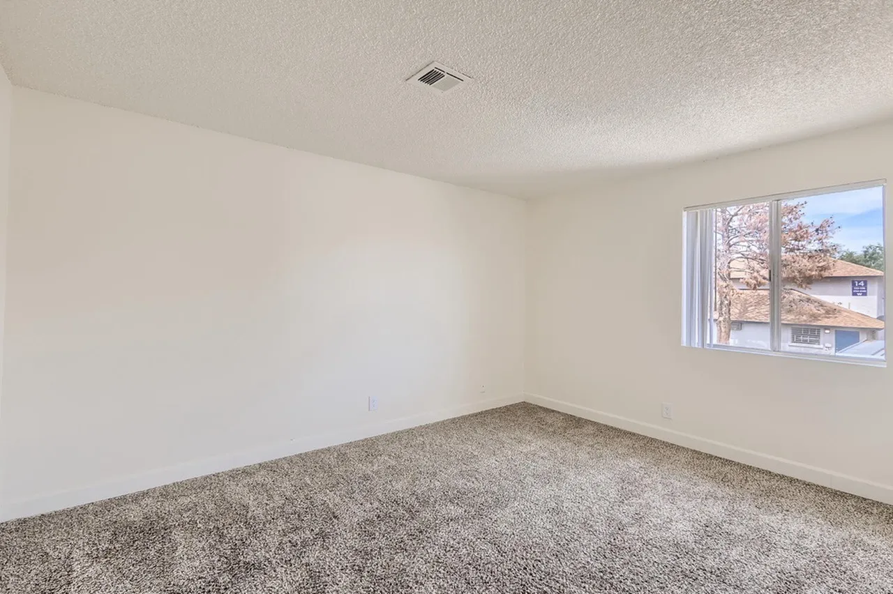 Empty bedroom, gray carpet flooring, white walls, window with outside view