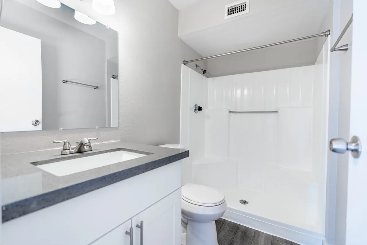 Bathroom, white cabinetry, gray countertop, ceramic tile shower, mirror
