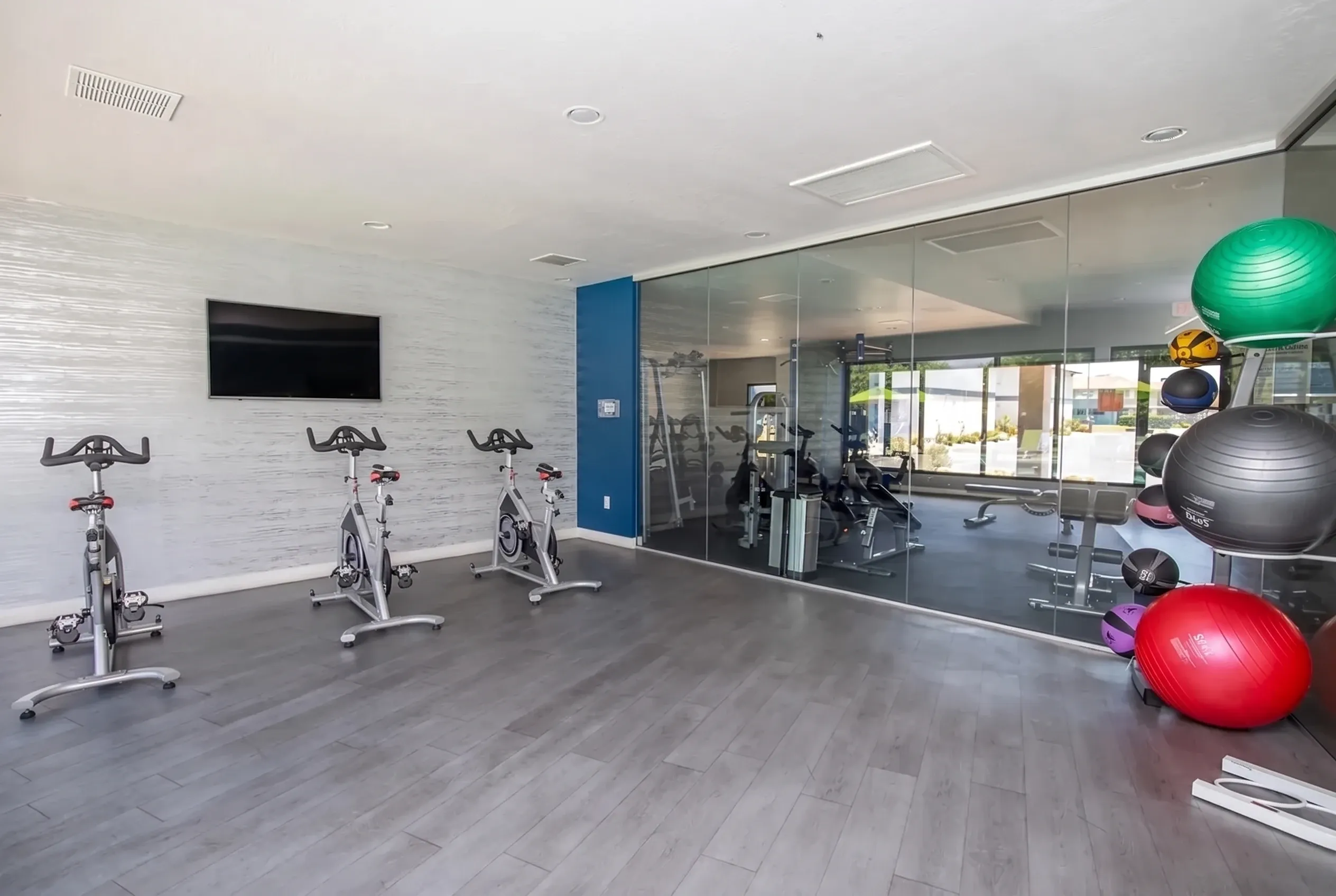 Fitness center, stationary bikes, exercise balls, wood-style plank flooring