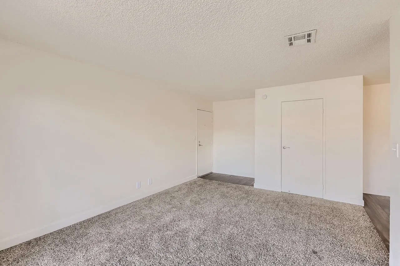 Bedroom, gray carpeting, white walls, white closet doors, ceiling light fixture