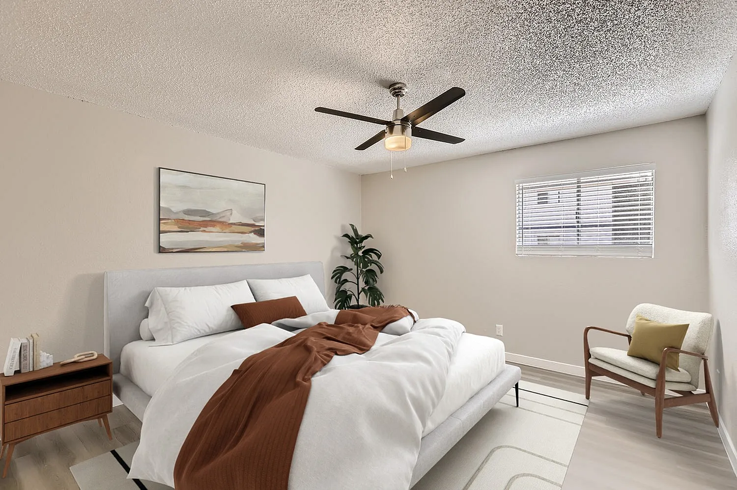 Primary bedroom, wood-style plank flooring, ceiling fan, large window with shutters