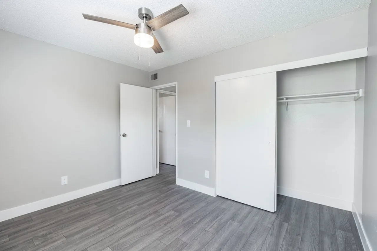 Primary bedroom, wood-style plank flooring, ceiling fan with light, dual closets