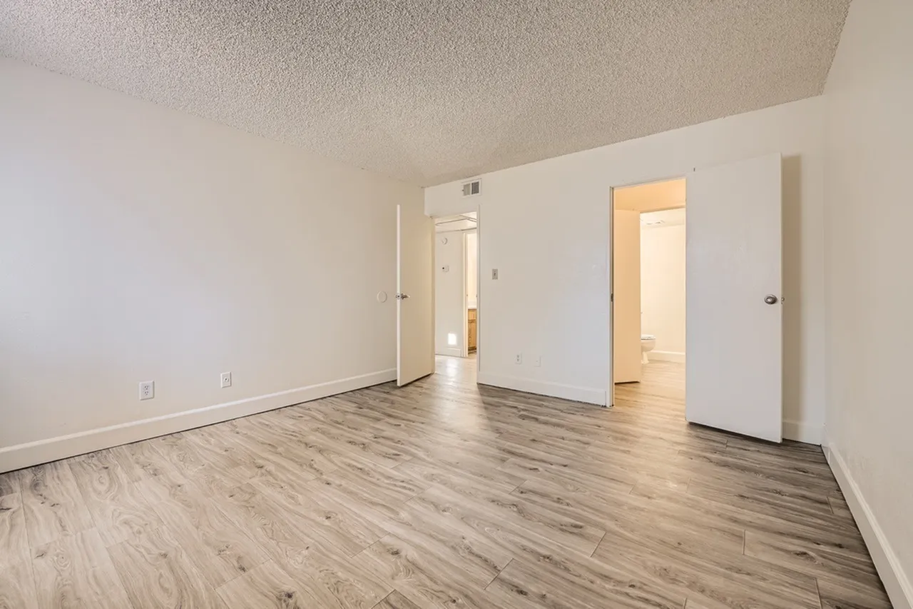 Primary bedroom, wood-style plank flooring, open doorways to ensuite and closet
