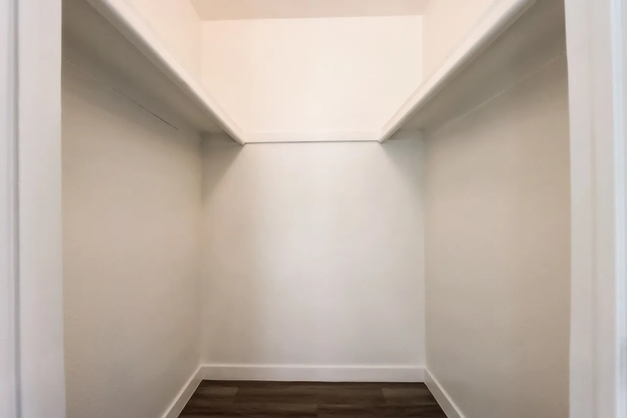 Walk-in closet, wood-style plank flooring, white walls, recessed ceiling lighting