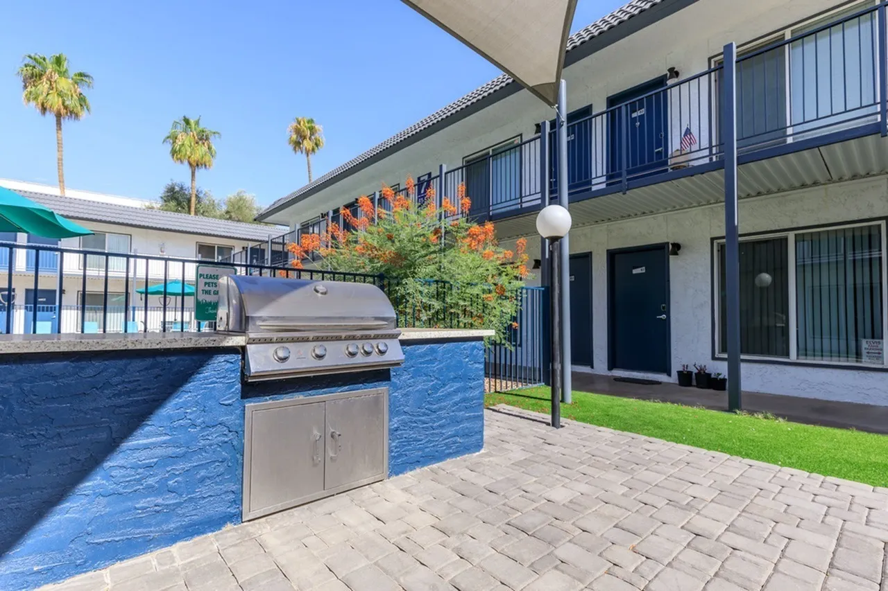 Outdoor courtyard, built-in stainless grill, blue accent wall, palm trees, paved patio