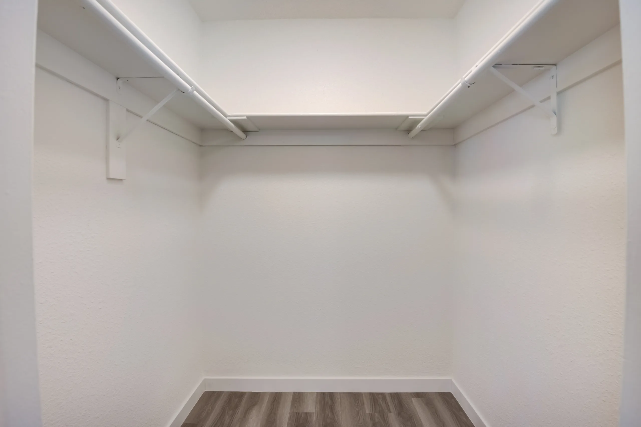 Primary bedroom walk-in closet with built-in shelving