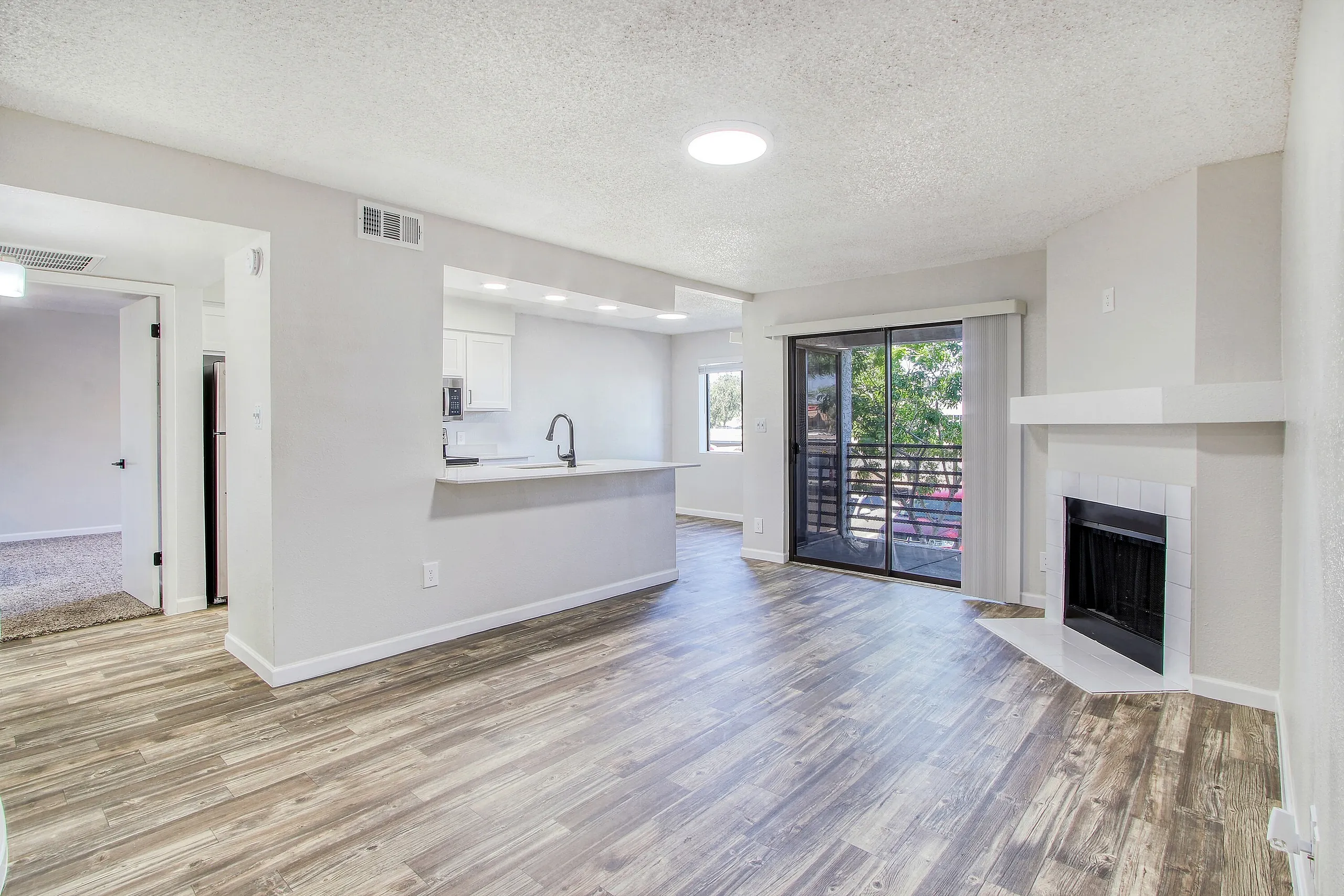 Open concept living and kitchen area, wood-style plank flooring, white cabinetry, fireplace, glass sliding doors