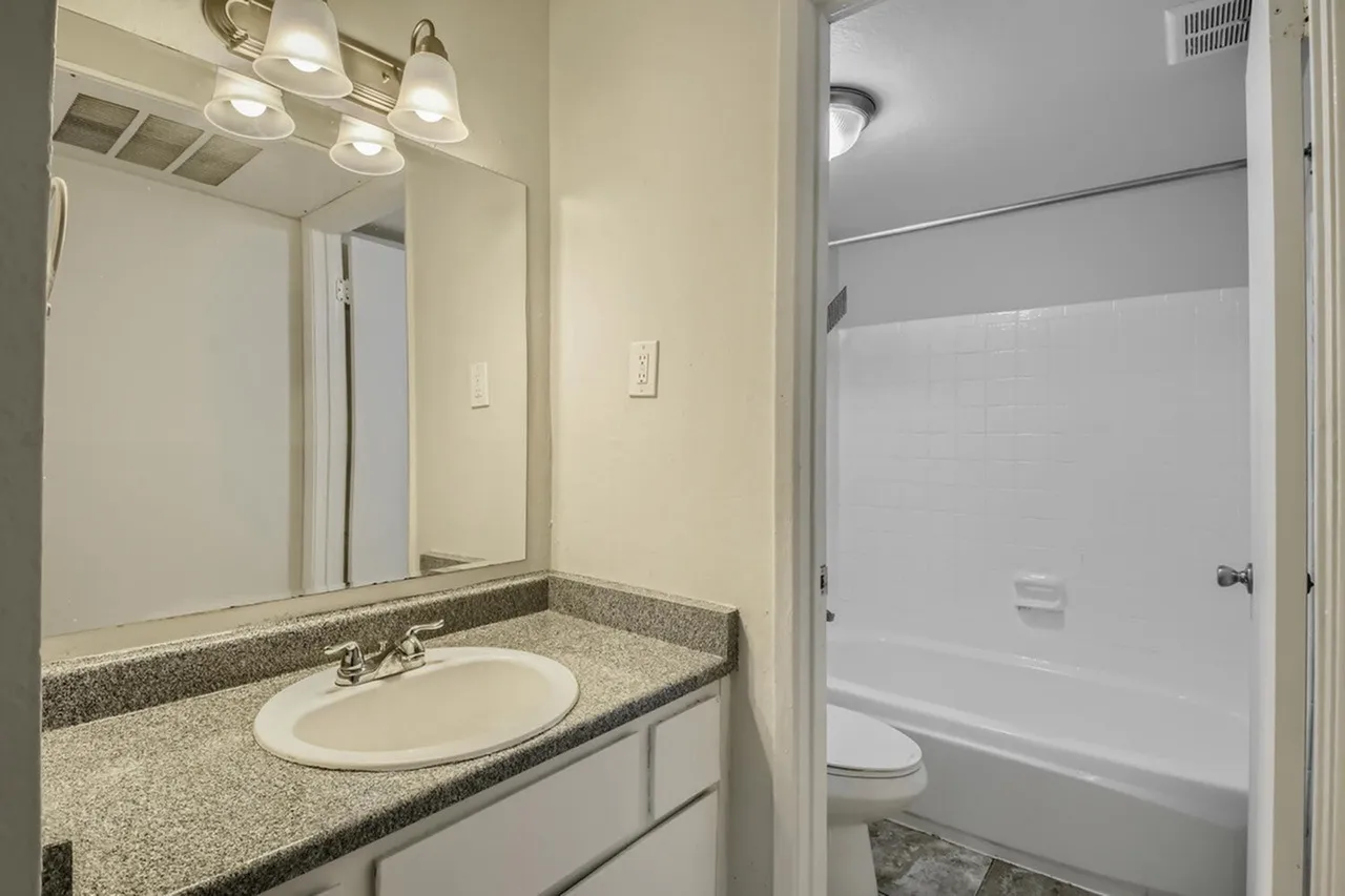 Bathroom, granite countertops, oval sink, mirror with lighting, shower-tub combo