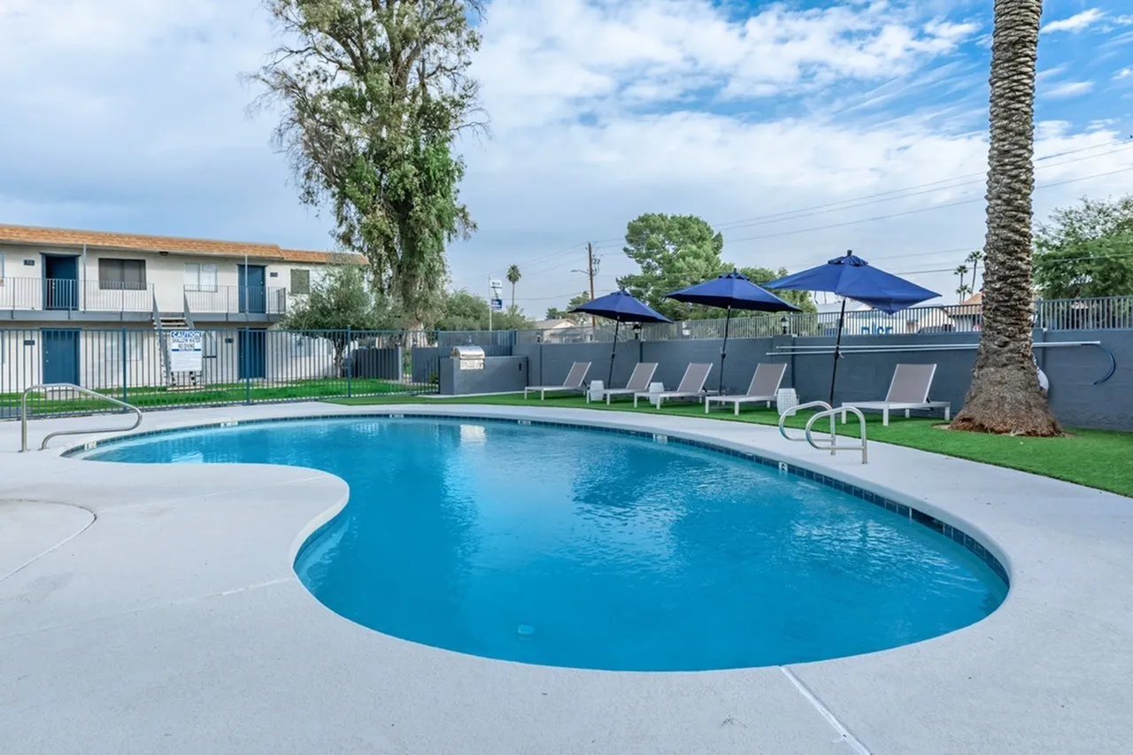 Kidney-shaped swimming pool, blue umbrellas, lounge chairs, palm tree, gray fence