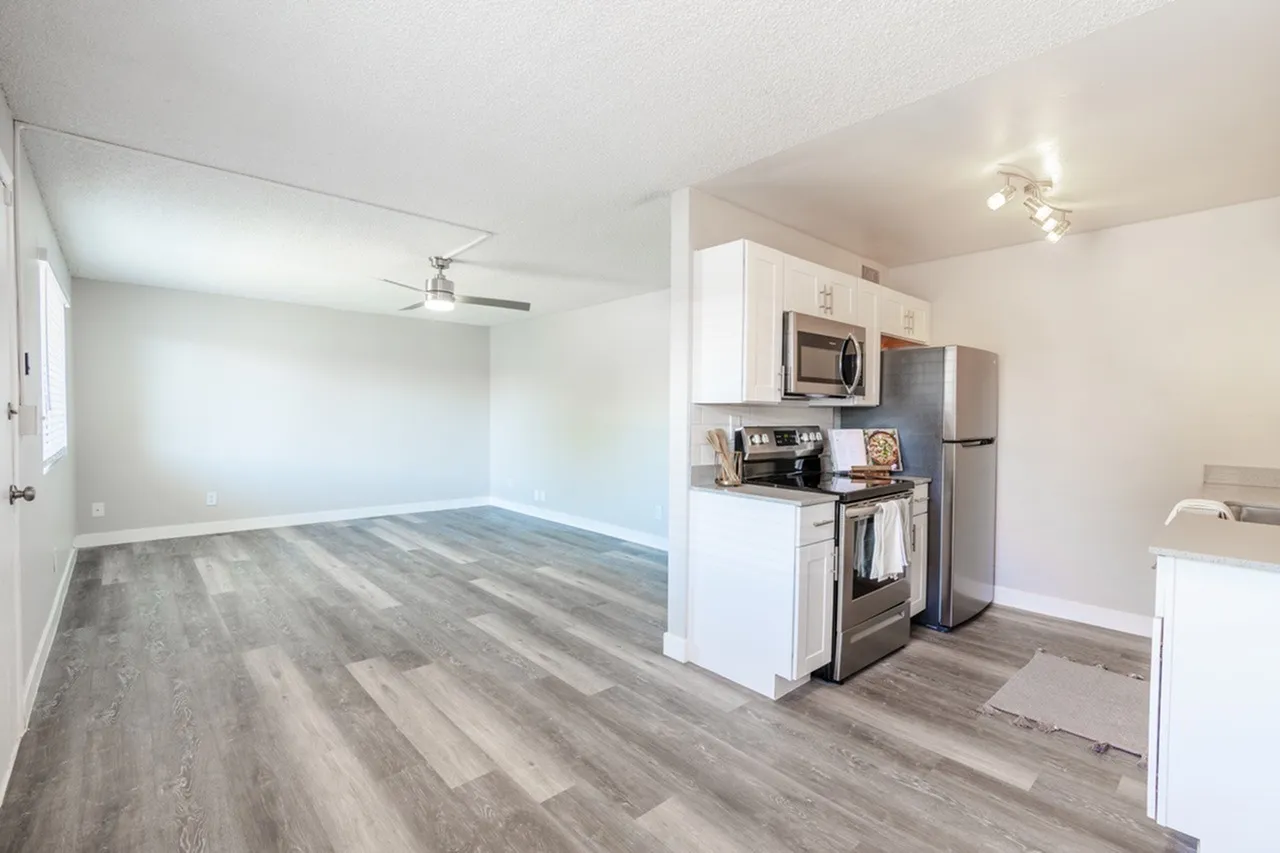 Kitchen and living space, white cabinetry, stainless appliances, wood-style plank flooring, ceiling fan
