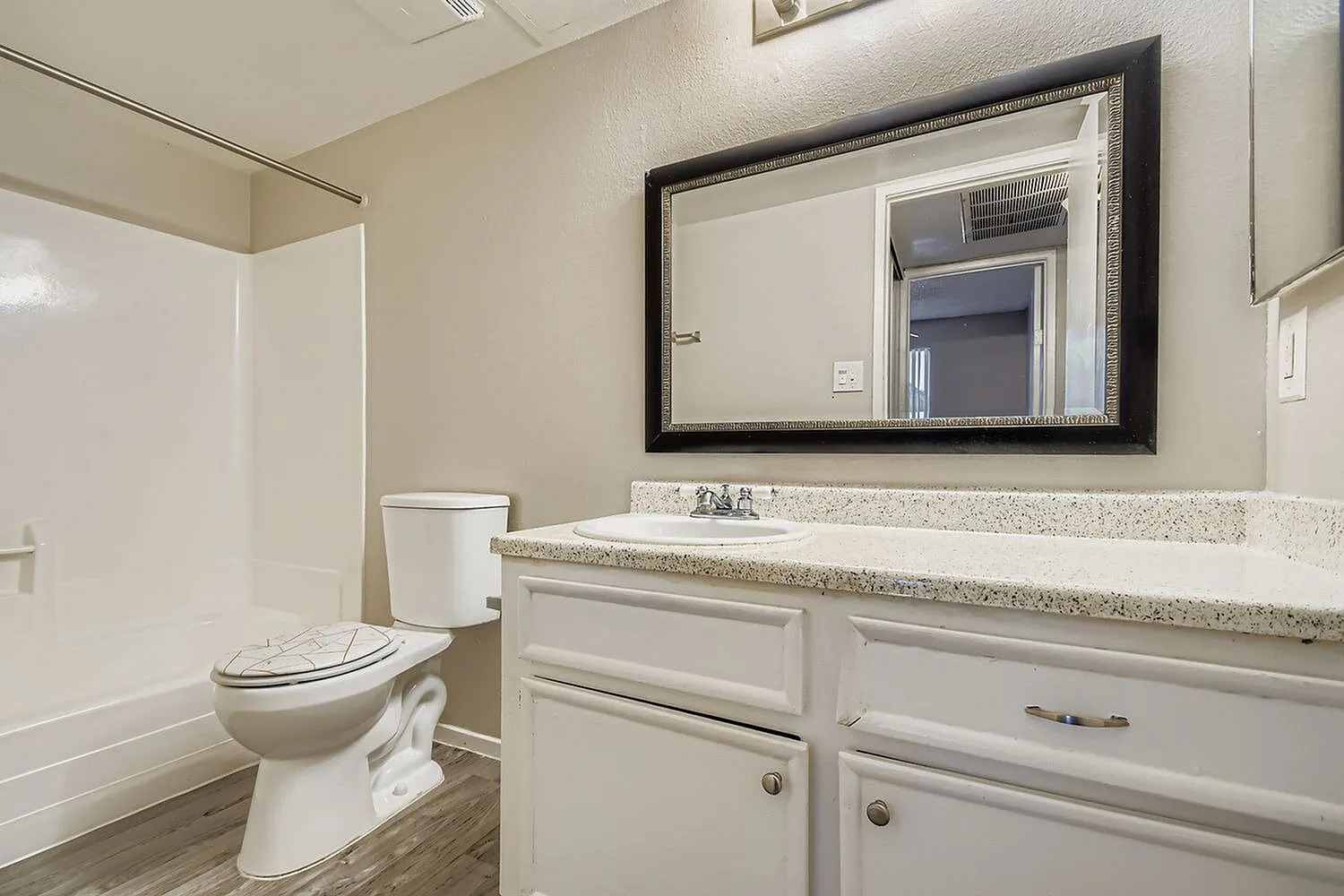 Bathroom, white cabinetry, quartz countertops, black-framed mirror, wood-style plank flooring