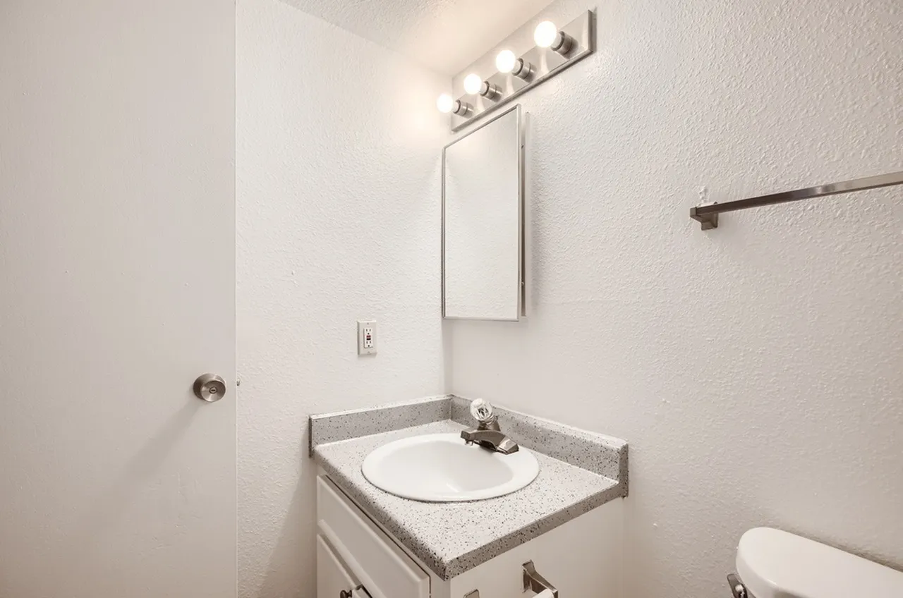 Bathroom, white round sink, speckled gray countertop, vanity cabinet, mirror, overhead lighting