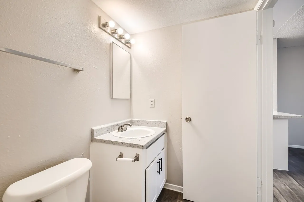 Bathroom, white vanity cabinet, quartz countertop, oval sink, mirror with lighting fixture