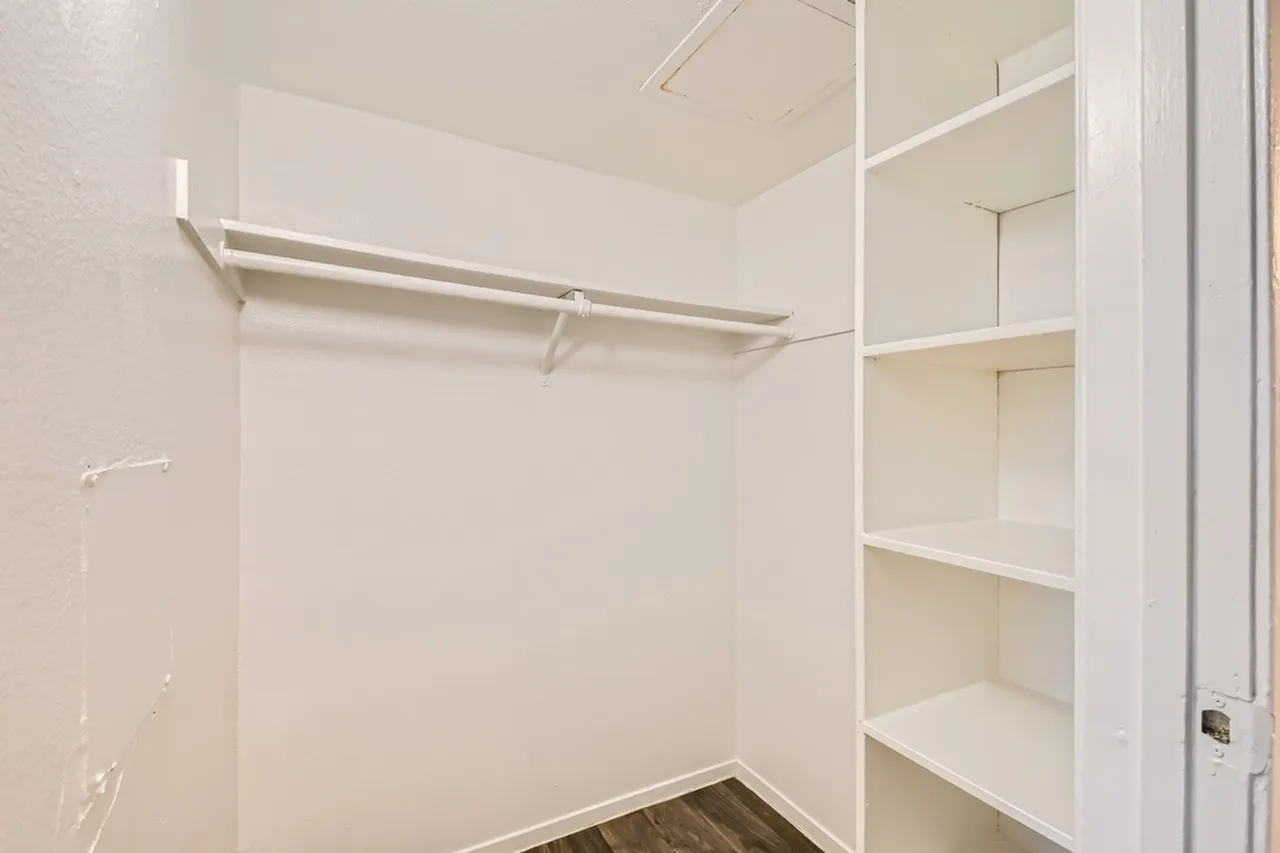 Walk-in closet, built-in shelving, hanging rod, wood-style plank flooring