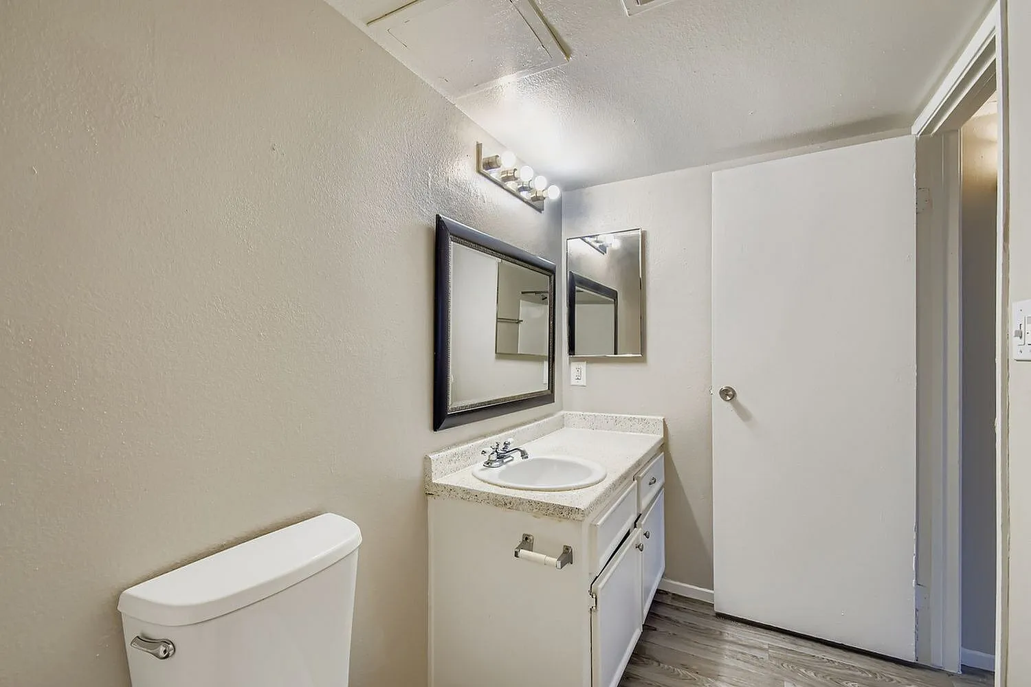 Bathroom, white ceramic sink, framed mirrors, wood-style plank flooring, toilet