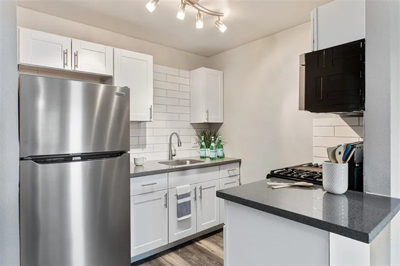 Kitchen, white shaker cabinetry, stainless steel appliances, black countertops, subway tile backsplash, wood-style plank flooring