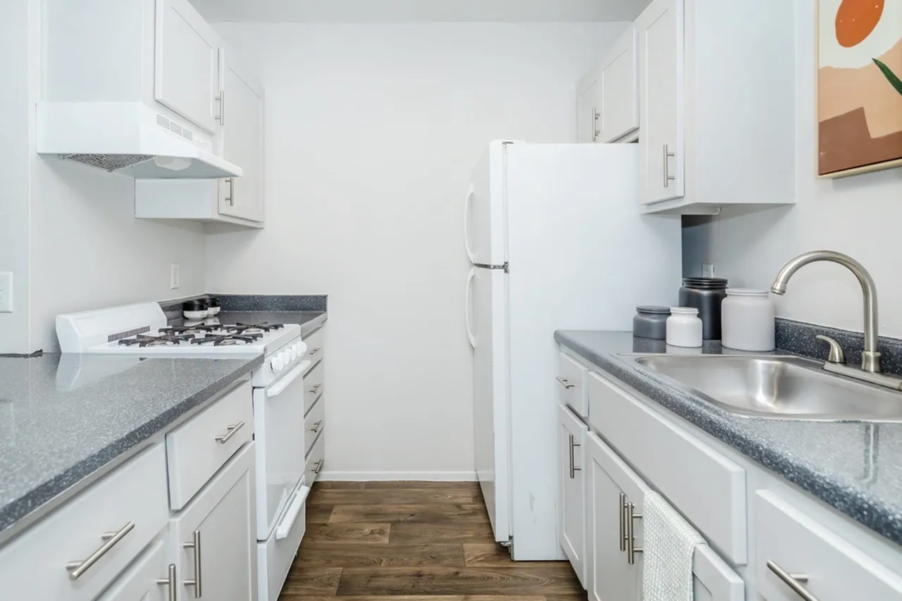 Kitchen, white shaker cabinetry, gray quartz countertops, stainless appliances, wood-style plank flooring