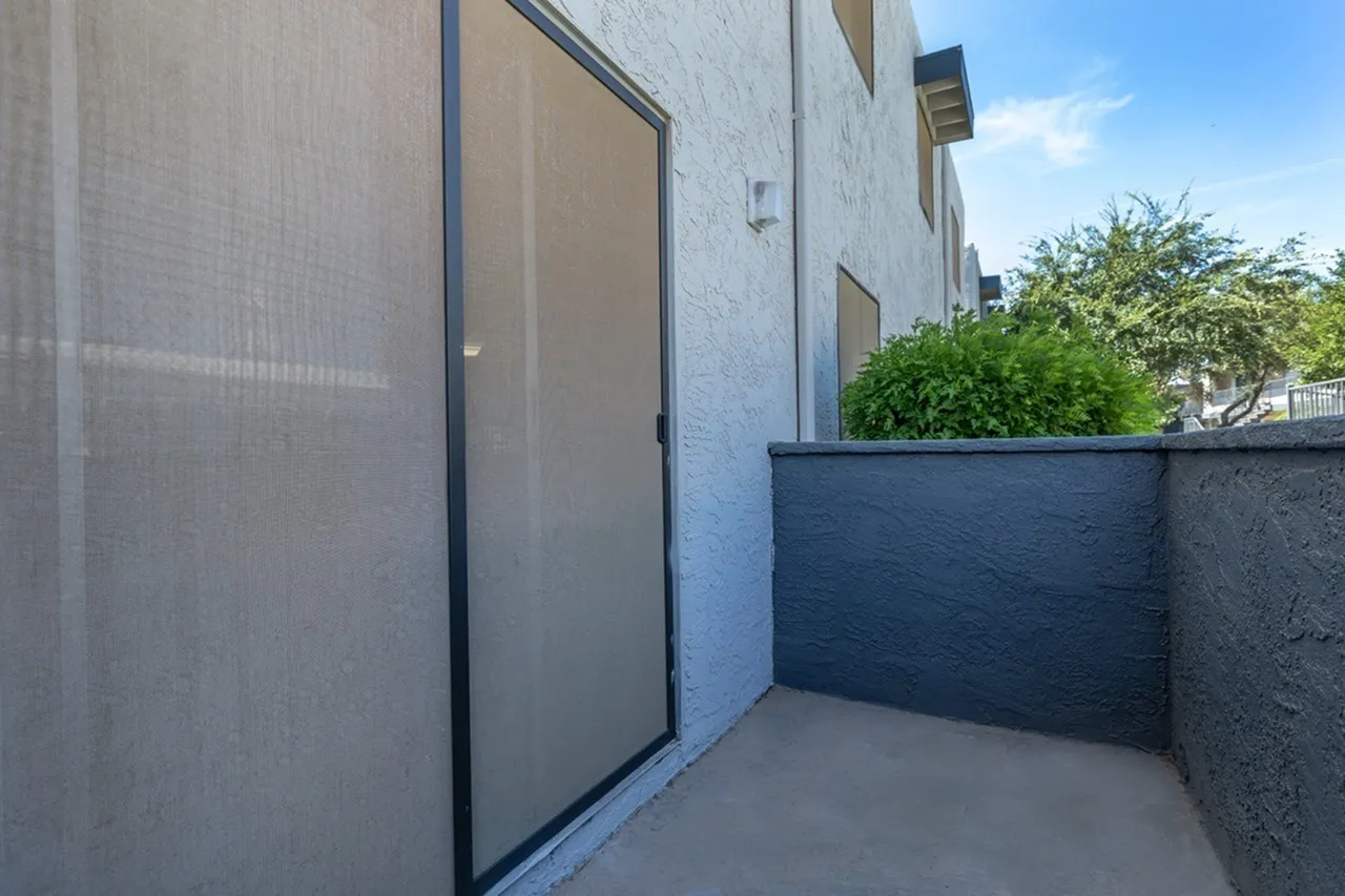 Patio area, concrete flooring, dark accent wall, glass door entry, landscaping