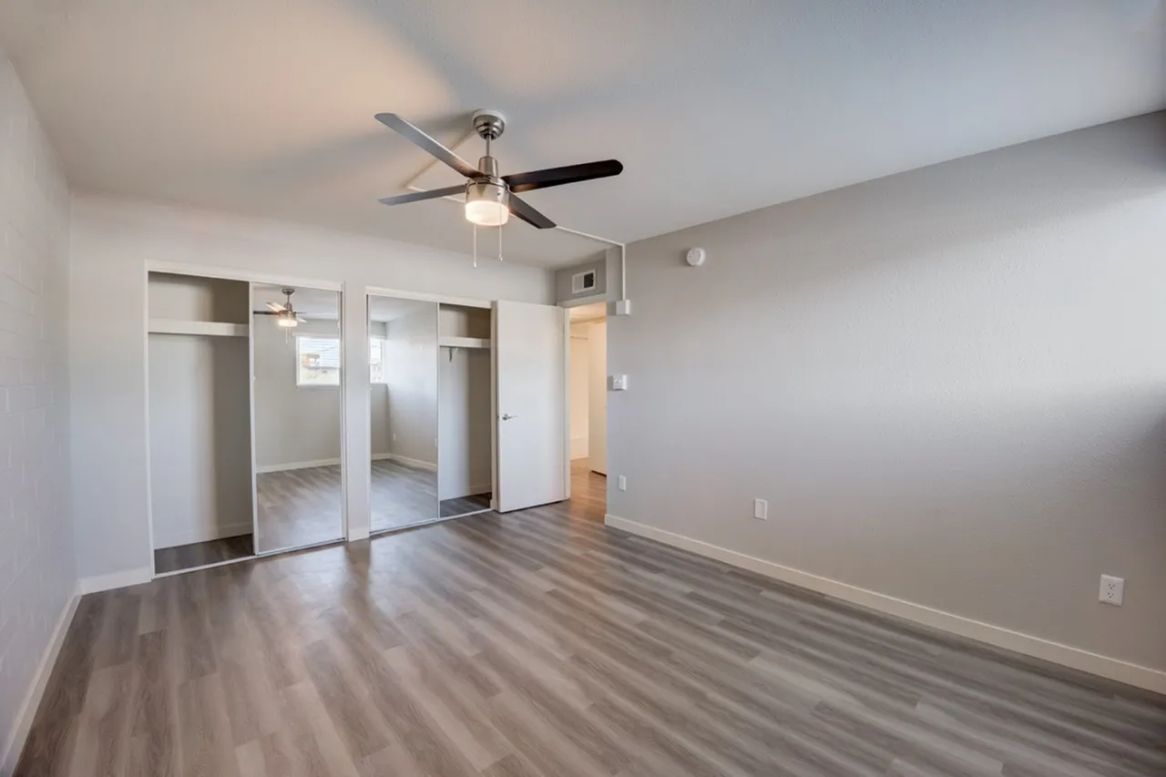 Primary bedroom, wood-style plank flooring, ceiling fan with light, dual walk-in closets
