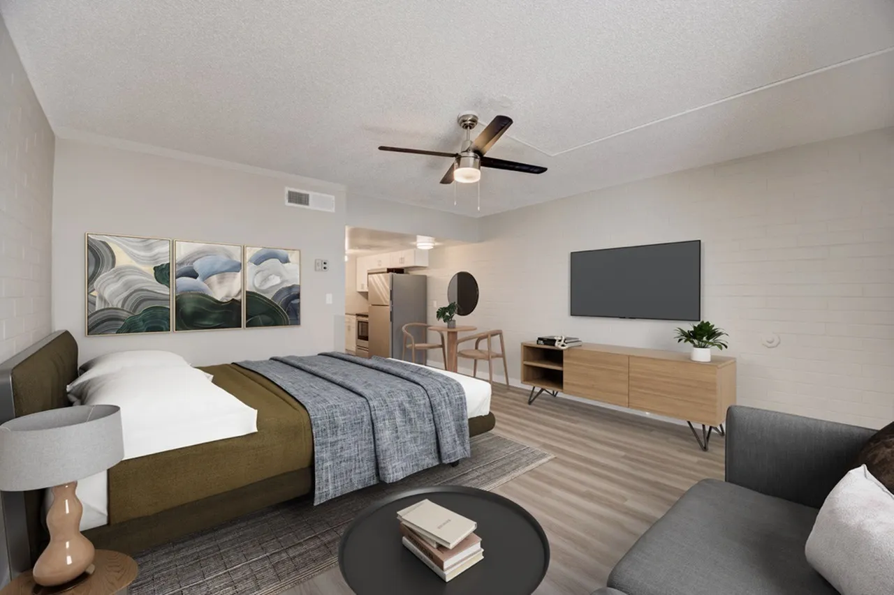 Studio bedroom, wood-style plank flooring, ceiling fan, TV mounted on wall, lounge seating area