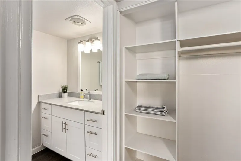 Bathroom vanity with white cabinetry and quartz countertop, walk-in closet with shelving and hanging space