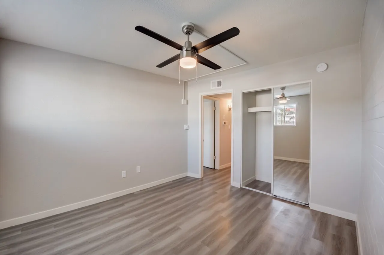 Bedroom, wood-style plank flooring, ceiling fan with light fixture, mirrored closet doors