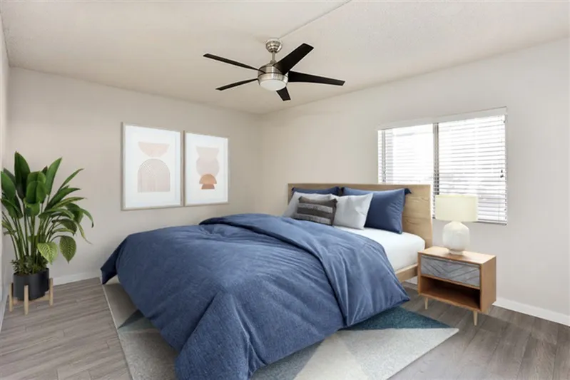 Primary bedroom, wood-style plank flooring, blue bedding, ceiling fan, two windows