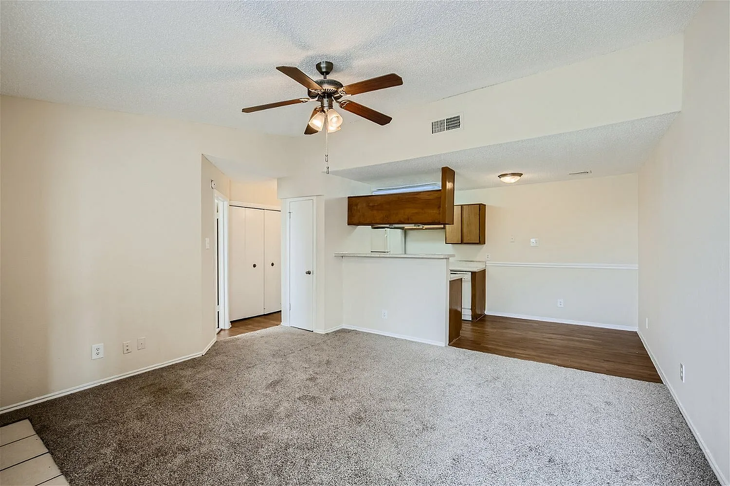 Studio apartment, carpet flooring, ceiling fan with light fixture, wood cabinets