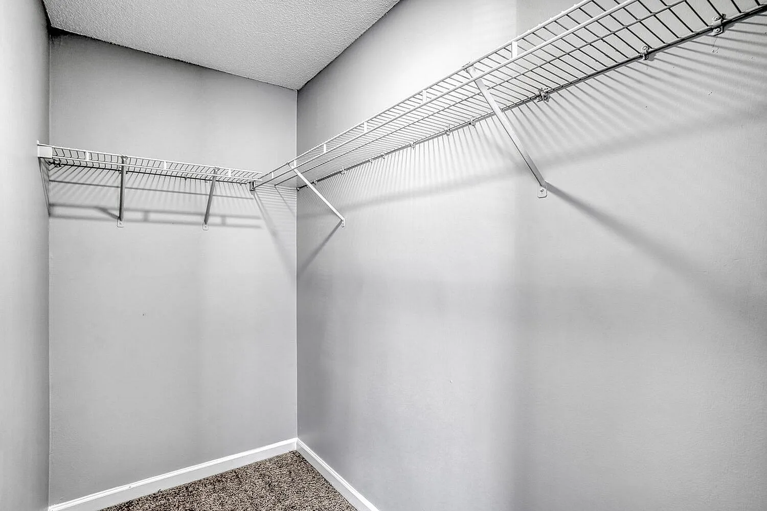 Walk-in closet, wire shelving, white walls, carpeted floor