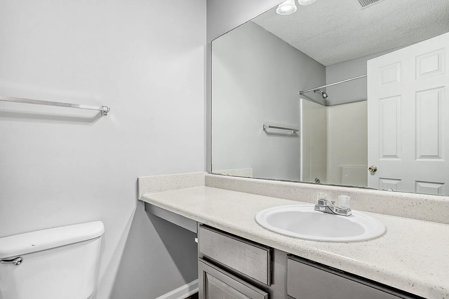 Bathroom, white vanity sink, quartz countertops, large framed mirror, gray cabinetry