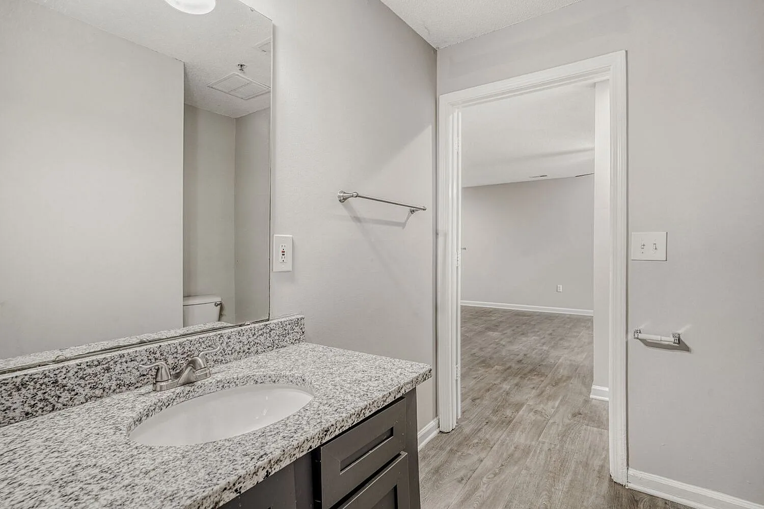 Primary bathroom, speckled quartz countertops, dark cabinetry, wood-style plank flooring, mirror