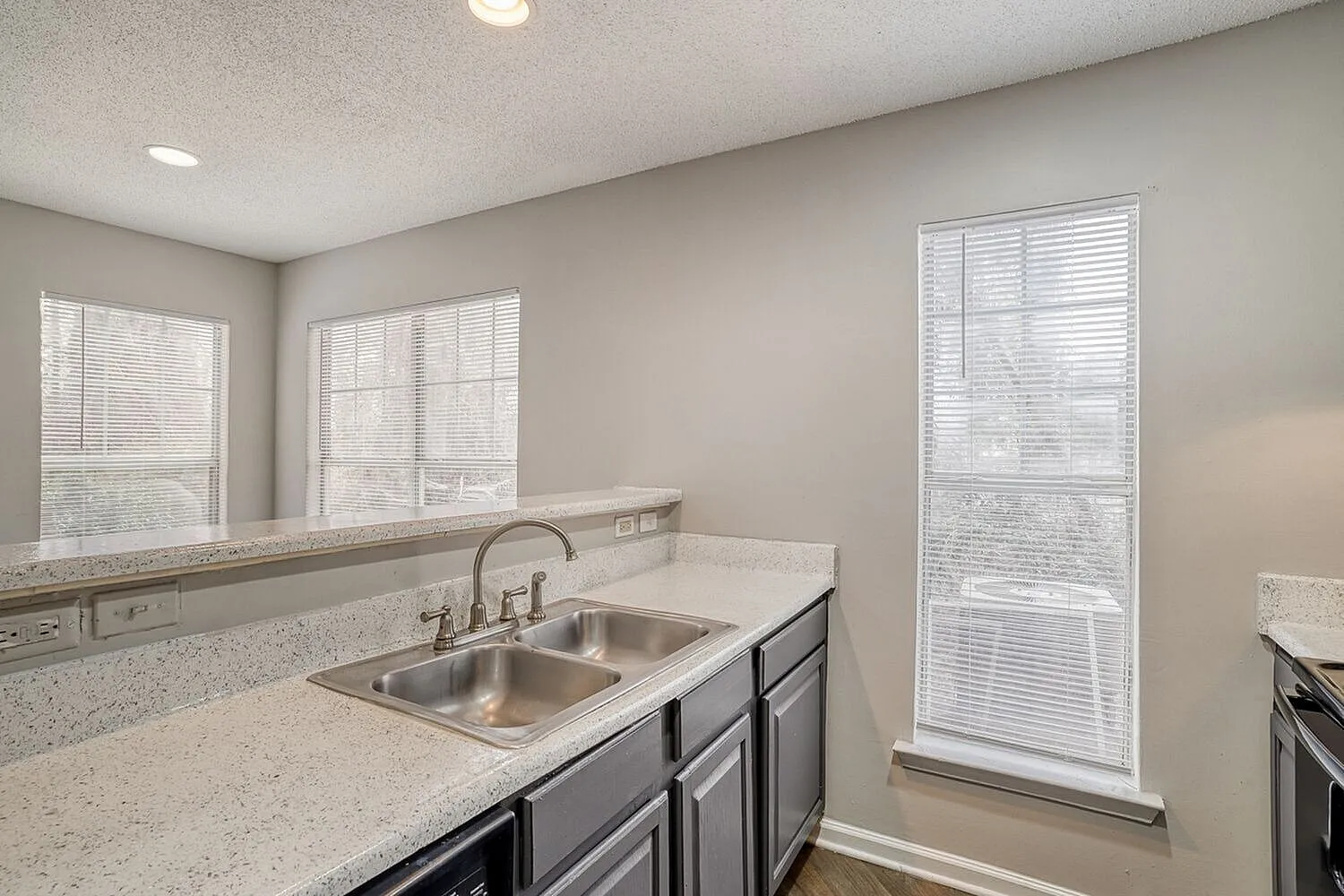 Kitchen, gray shaker cabinetry, quartz countertops, stainless steel sink, natural light from windows