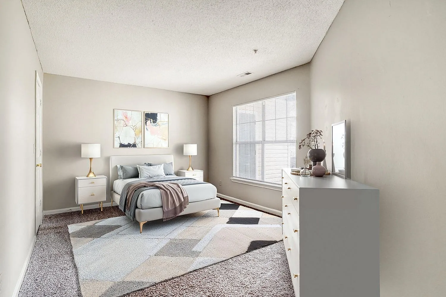 Primary bedroom, white nightstands, wood-style plank flooring, large windows, pendant lighting