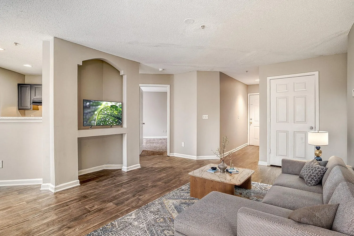 Living room, wood-style plank flooring, built-in shelving with TV, arched alcove, recessed lighting
