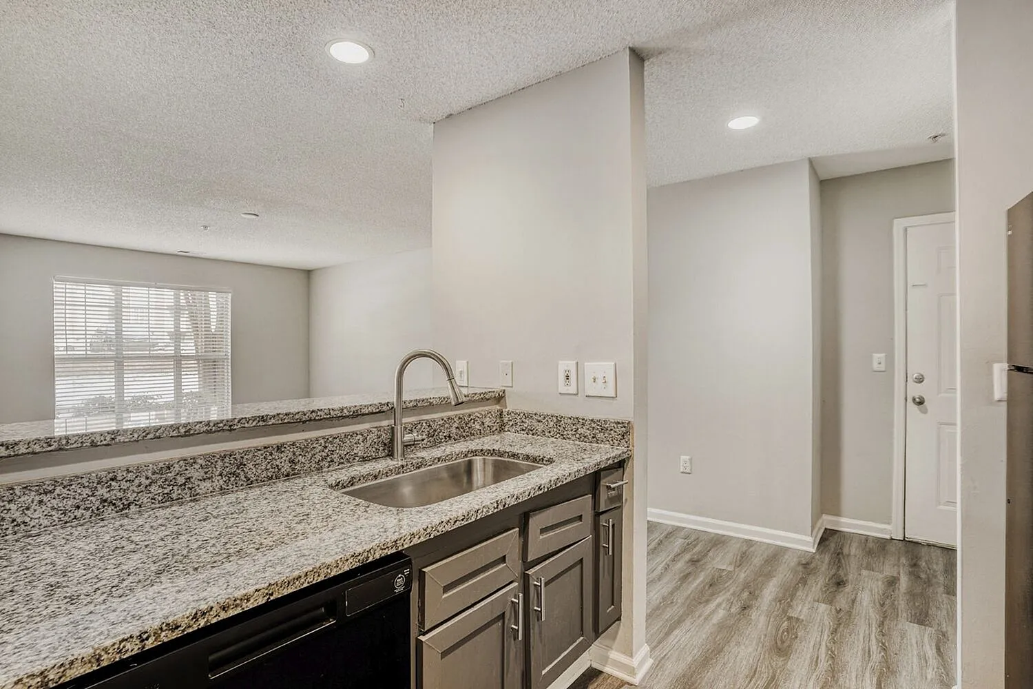 Kitchen, speckled granite countertops, dark cabinetry, stainless steel sink, wood-style plank flooring