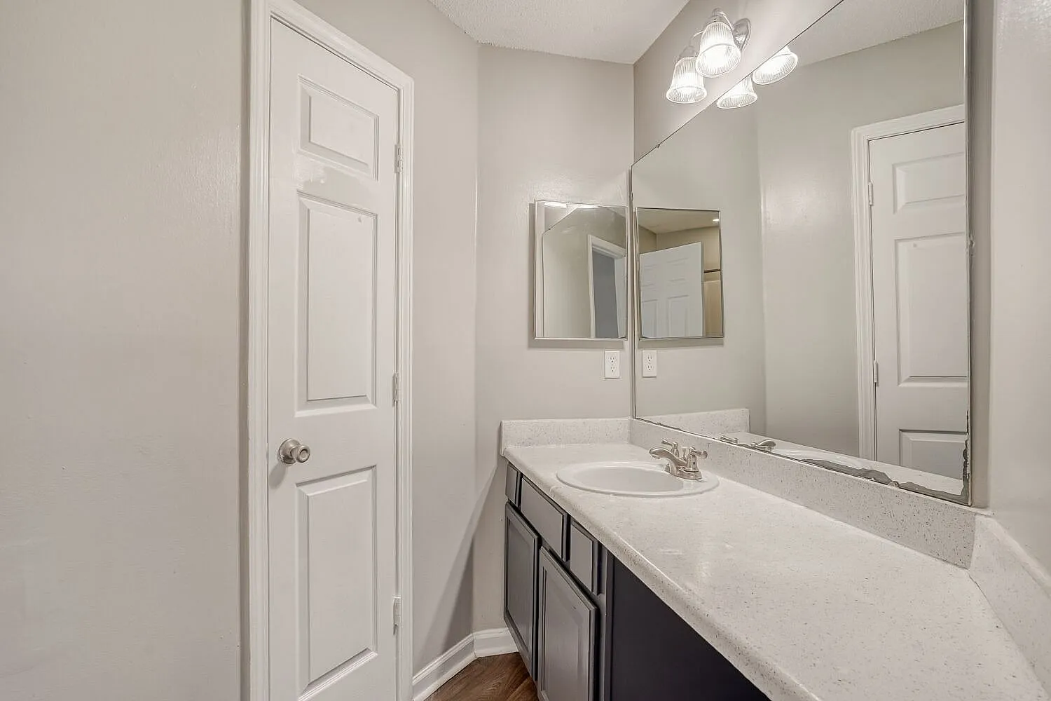 Primary bathroom, white quartz countertop, dark cabinetry, wall-mounted mirror, overhead lighting