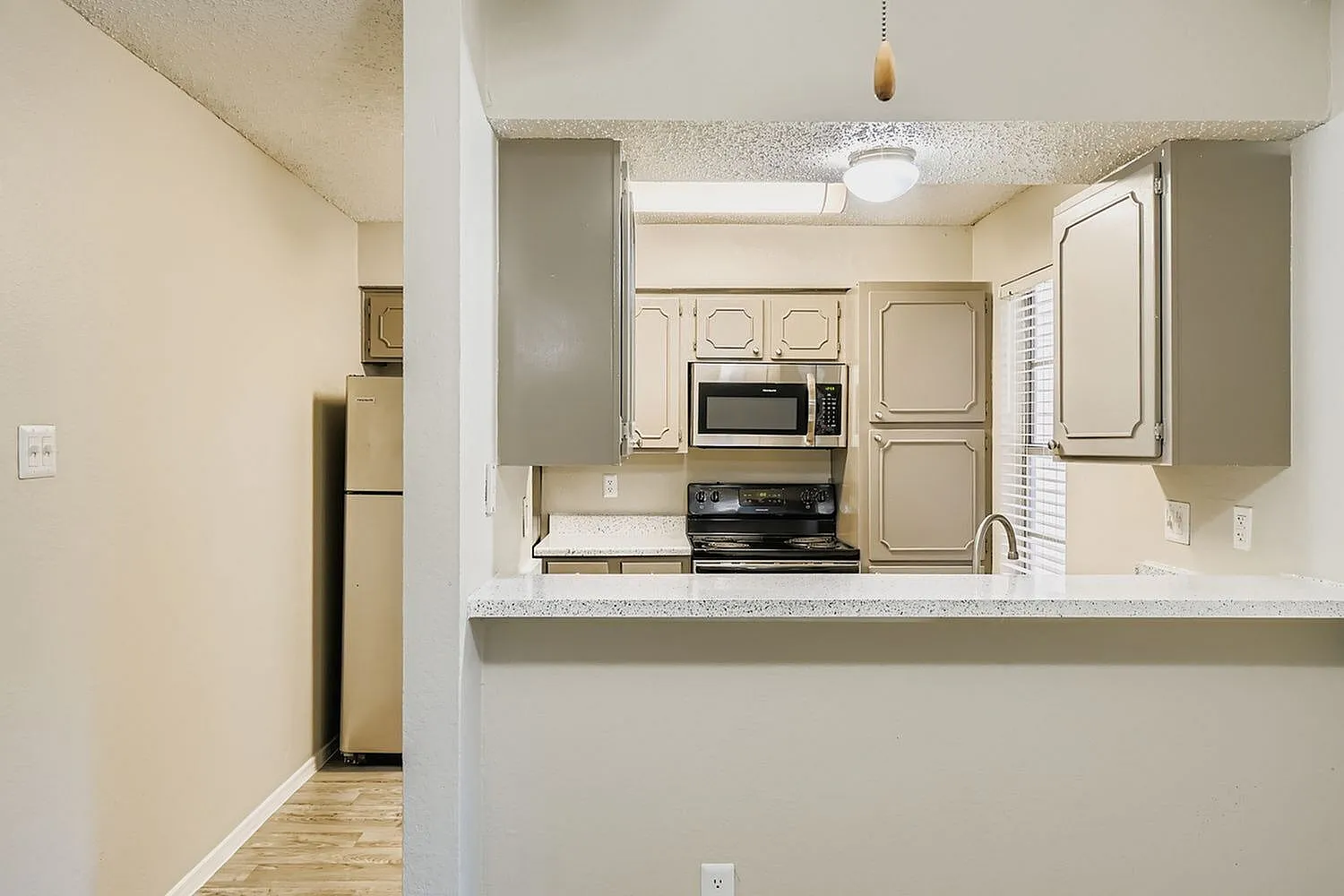 Kitchen, light cabinetry, stainless appliances, quartz countertop, wood-style plank flooring