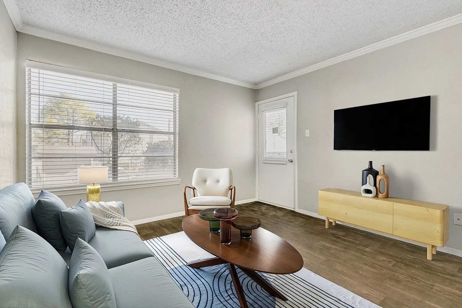 Living room, wood-style plank flooring, blue area rug, gray sofa, wall-mounted TV