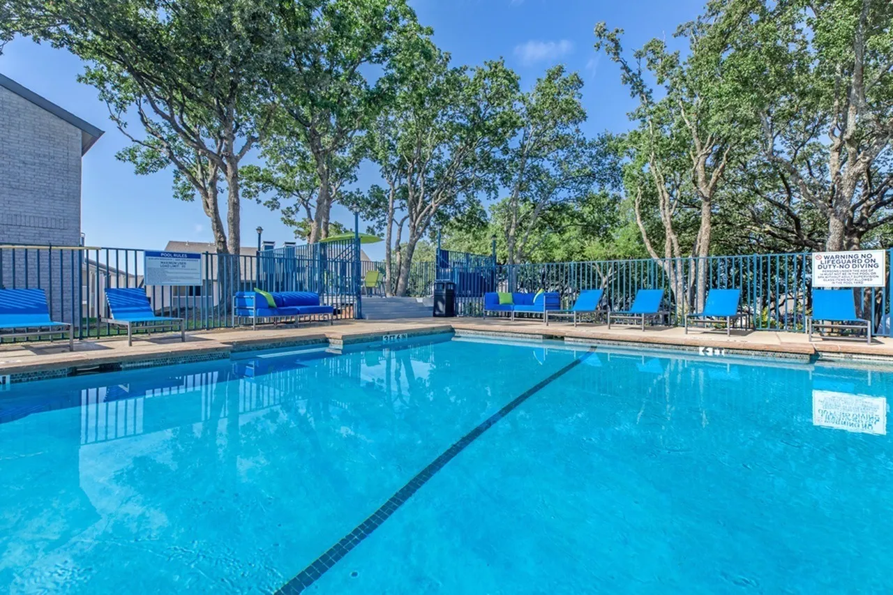 Swimming pool, lap lane, blue lounge chairs, shade trees, metal fencing