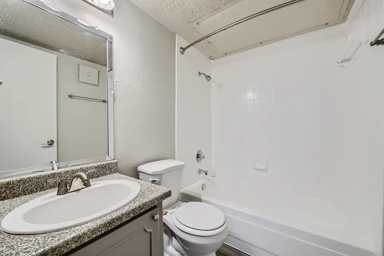 Bathroom, granite vanity countertop, oval sink, toilet, shower tub combo